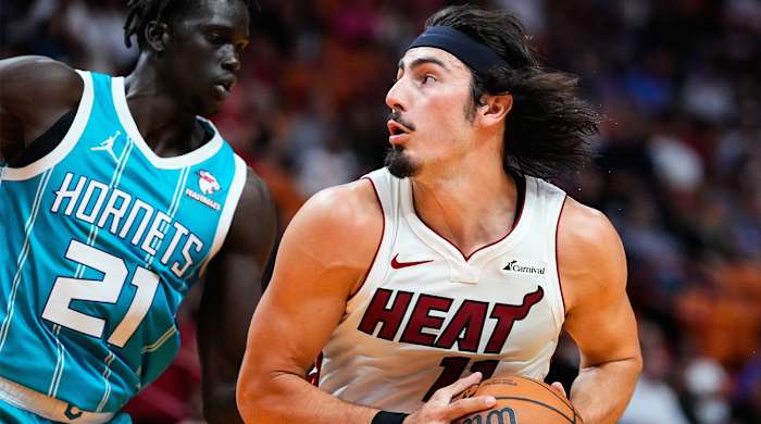 Heat rookie Jaime Jaquez Jr. prepares for a shot vs. Hornets.